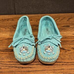 Minnetonka Blue Leather Hand Beaded Native Moccasins Women’s 7